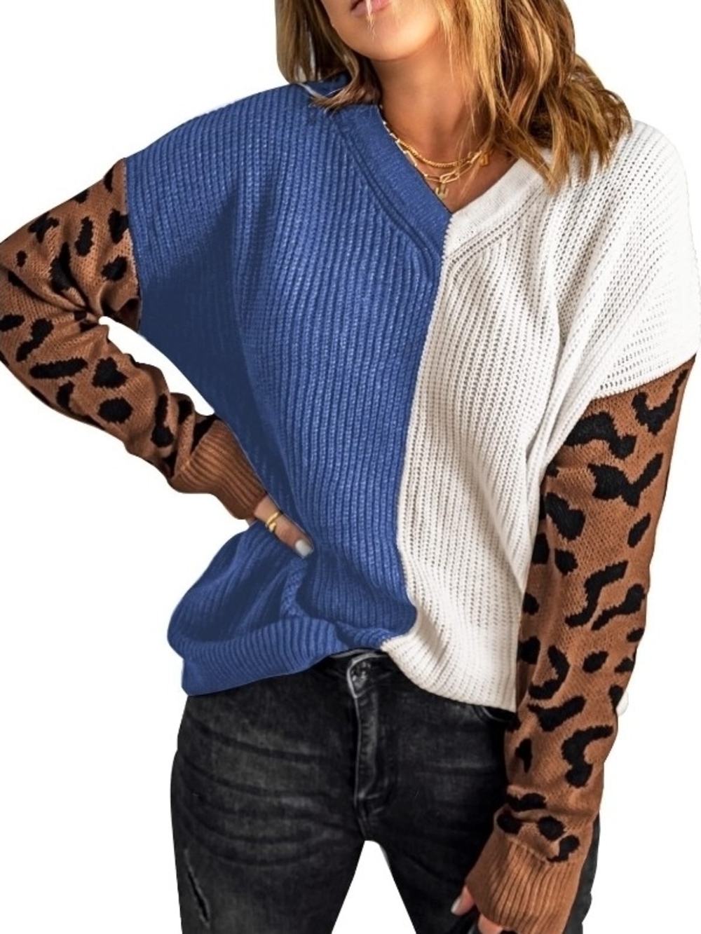 Colorblock Blue & White Knit Sweater with Leopard Sleeves